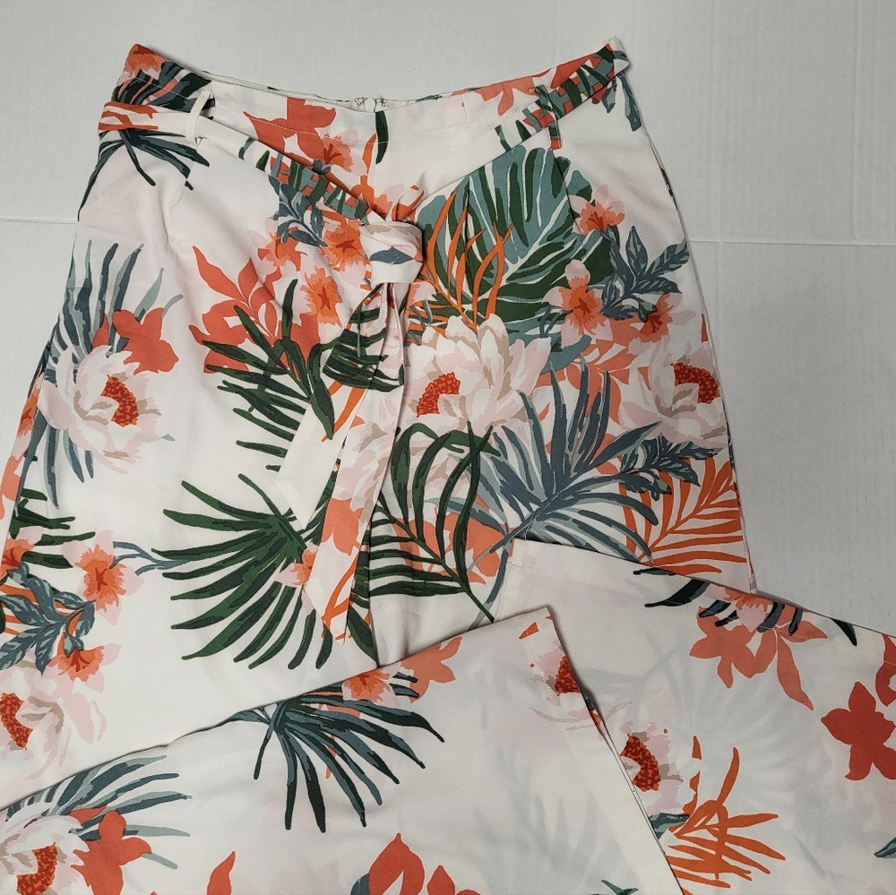 HYDVE Women’s Cream Tropical-Print, Front Pockets & Waist Tie Dressy Pants Large